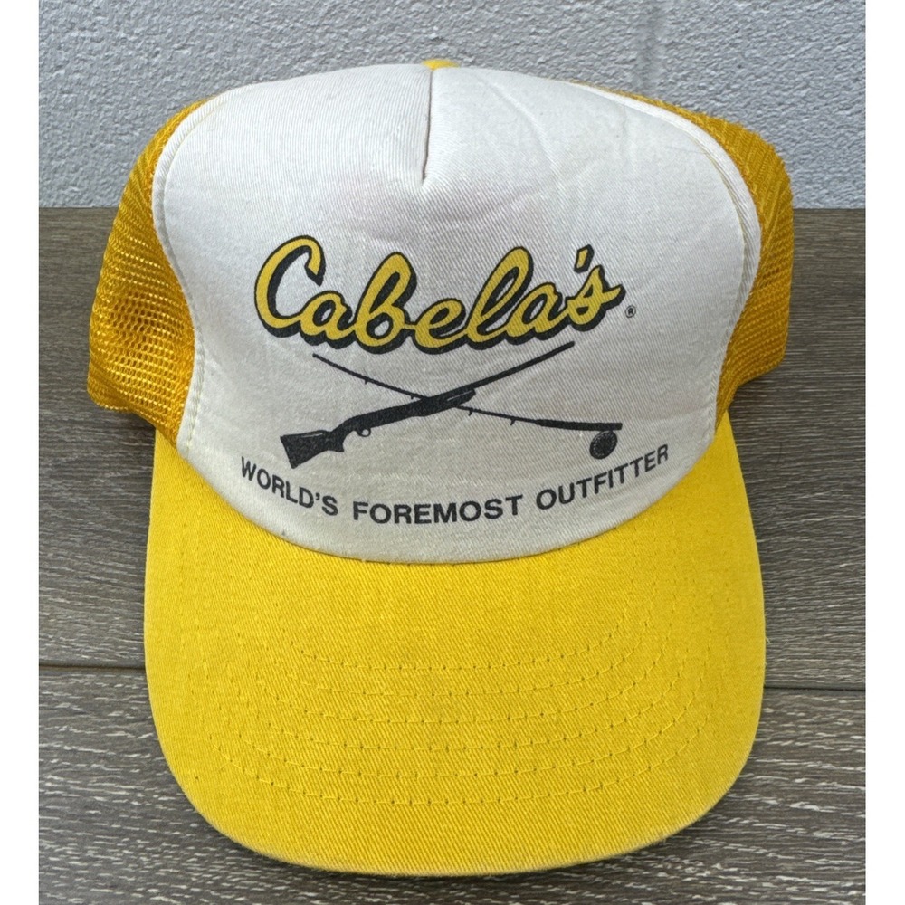 Cabela's Hat Cap Snapback Trucker Yellow Outfitter Hunting Sportsman Vtg Fishing